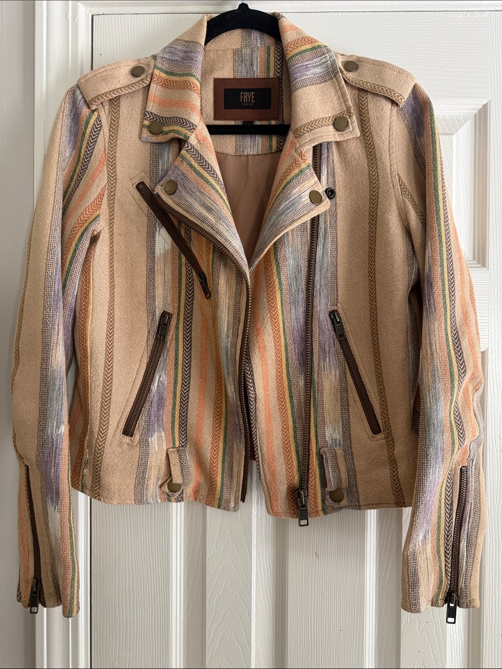 Frye Striped Biker Beige Suede Moto Jacket